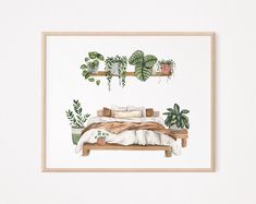 a painting of a bed with plants on the headboard and pillows in front of it