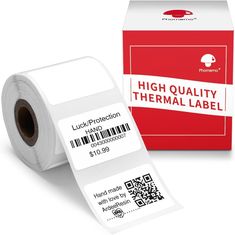 a roll of high quality thermal labels next to a red box with qr code on it