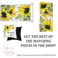 sunflowers and polka dot pillows with the words get the rest of the matching pieces in the shop