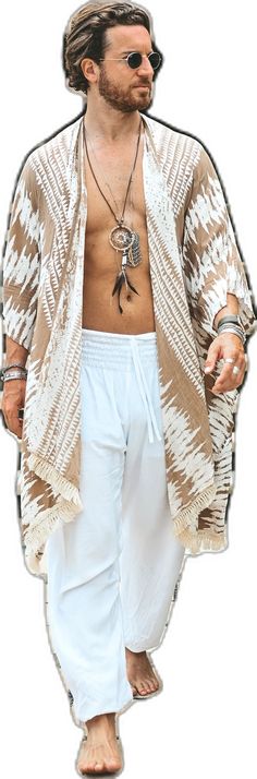 Boho Kimono Cardigan, Kimono Outfits, Cardigan For Men, Kimono Kaftan, Ibiza Outfits, Boho Men, Fringe Kimono, Beige Boho, Boho Fashion Bohemian