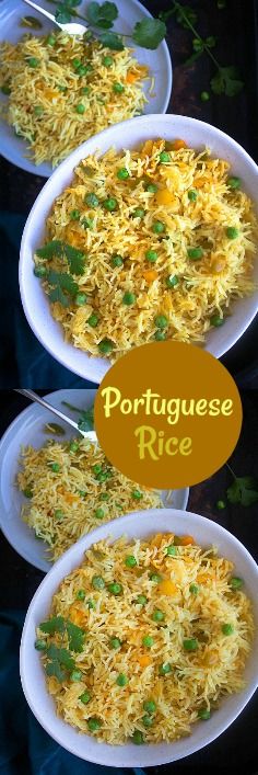 three white plates filled with rice and vegetables on top of each other in front of the words portuguese rice