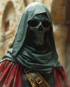 a skeleton wearing a green veil and red cape