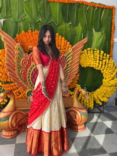 South Indian Look Lehenga, South Indian Langa Voni, South Style Lehenga, Indian Outfit From Scratch, South India Lehangas, Traditional Lehanga Ideas, Lehenga Voni Half Saree, Half Saree Outfit