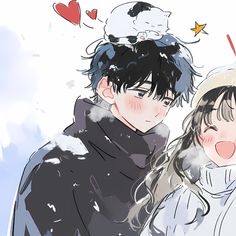 two people standing next to each other with snow on their heads and hearts flying above them