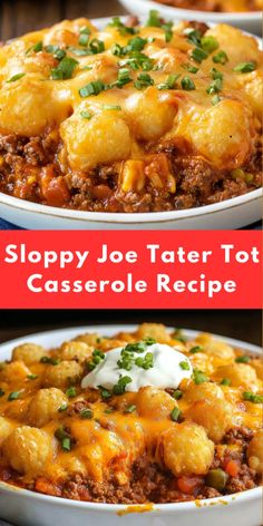 Transform a classic favorite into the ultimate comfort food with this Sloppy Joe Tater Tot Casserole! 🍔🥔 Juicy, flavorful beef topped with crispy tots and melty cheese. Perfect for busy weeknights or a crowd-pleasing dinner.  Ingredients  1 lb ground beef 1/2 cup onion, chopped 1 cup ketchup 2 tbsp brown sugar 1 tbsp Worcestershire sauce 1/2 tsp garlic powder 2 cups shredded cheddar cheese 1 (32 oz) bag frozen tater tots Directions  Preheat oven to 375°F and grease a baking dish. Cook beef and onion until browned; drain. Stir in ketchup, brown sugar, Worcestershire, and garlic powder. Spread mixture in dish, top with cheese, and layer tots on top. Bake for 35-40 minutes until golden and bubbly. Prep Time: 10 mins | Cook Time: 40 mins | Kcal: 470 Tater Tot Meatloaf, Tator Tot Recipe, Sloppy Joe Tater Tot Casserole, Tater Tot Bake, Cheesy Meatloaf, Cheesy Tater Tots, Meatloaf Casserole, Tater Tot Recipes, Tot Casserole