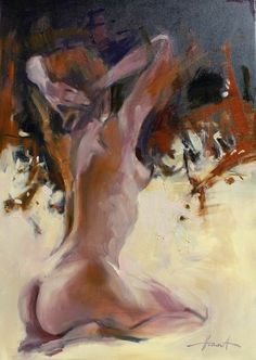 a painting of a nude woman sitting on the ground with her back turned to the camera