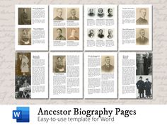 an old book with pictures of people in it and the words, ancestor biography pages easy to use template for word