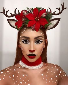 Christmas Cosplay Ideas, Rudolph The Red Nosed Reindeer Costume, Easy Christmas Costumes, Rudolph The Red Nosed Reindeer Makeup, Christmas Looks Makeup, Christmas Reindeer Makeup, Campy Christmas, Reindeer Cosplay, Makeup Teaching