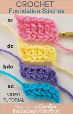 the crochet foundation stitches are shown in three different colors, and each has a hook