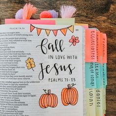 an open bible with the words sale in love with jesus and pumpkins on it