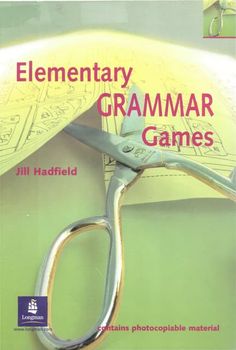 a book cover with scissors and writing on the page, which reads elementary grammar games