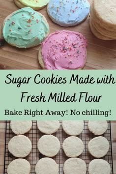 sugar cookies made with fresh milled flour Smooth Buttercream Frosting, Wheat Berry Recipes, Fresh Milled Flour, Smooth Buttercream, Einkorn Recipes, Dessert From Scratch, Homemade Sugar Cookies, Wheat Recipes, Real Bread