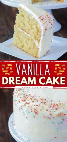 vanilla cake with white frosting and colorful sprinkles on the side, in front of a red sign that says vanilla dream cake