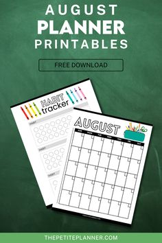 the free august planner printables with chalkboard background and green chalkboard in the background