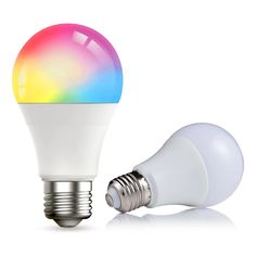 two different types of light bulbs are shown in this image, one is white and the other is multicolored