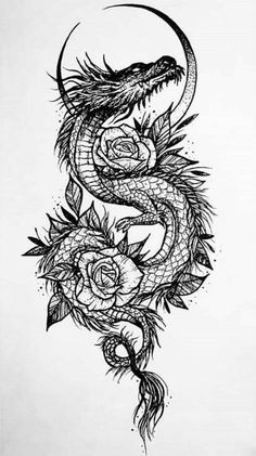 a drawing of a dragon with roses on it