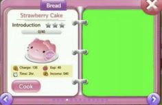 an animal crossing game screen with the menu for strawberry cake and instructions to make it