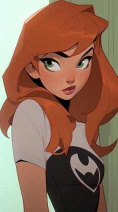 an animated character with red hair and green eyes