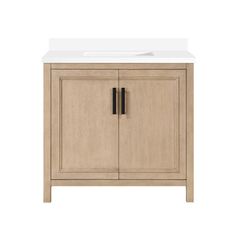 a bathroom vanity with a white sink and wood cabinet doors on the front, side view