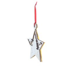 a star ornament hanging from a red ribbon