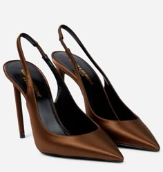 SAINT LAURENT Zoe 105 silk slingback pumps KAURENT INER € 695 Ysl Heels, Ashley Olsen, Satin Pumps, Brown Heels, Kate Winslet