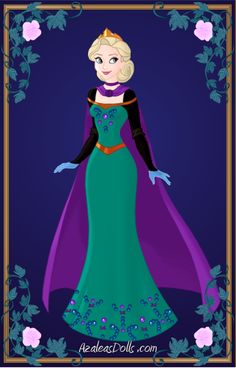 the frozen princess in her green dress with purple cape and blue flowers around her neck