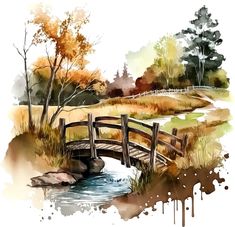 a watercolor painting of a bridge over a stream with trees and grass in the background