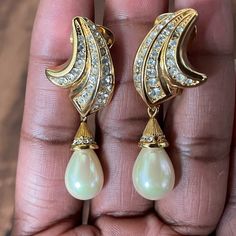 Vintage From The 1980s Missing Six Rhinestones But Can Easily Be Replaced Clip-Ons (See Photo) Label Engraved On Both Earrings (See Photo) Teardrop Pearl Earrings, Dior Jewelry, Christian Dior, Pearl Earrings, Dior, Jewelry Earrings, Women Jewelry, Women Shopping, Gold