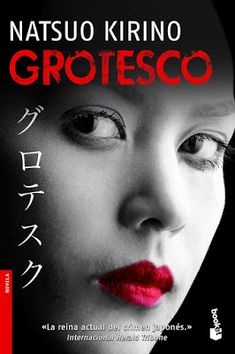 a woman with red lipstick on her face and the words grotesco written in japanese