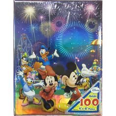 mickey mouse and friends at the park with fireworks in the sky behind them on a disney world poster