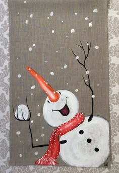 a painting of a snowman wearing a red scarf