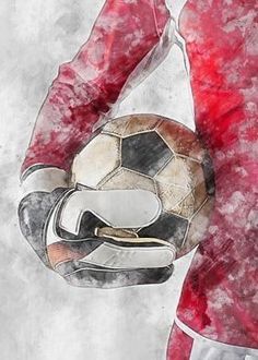 a painting of a soccer player holding a ball in his hand and wearing red jersey