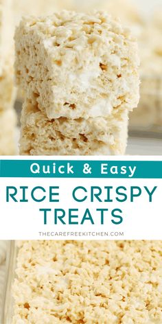 rice crispy treats stacked on top of each other with text overlay that reads quick and easy rice crispy treats