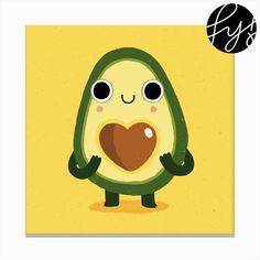 an avocado holding a heart shaped object in it's hands on a yellow background