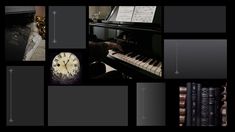 a collage of photos with an old piano and clock