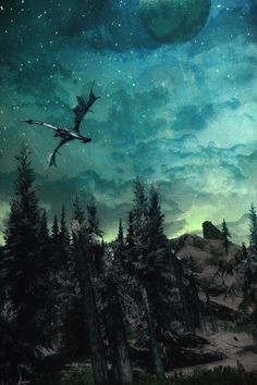 an image of a dragon flying in the night sky above trees and moonlit clouds