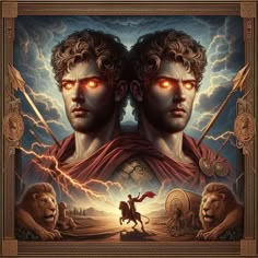 two men with red eyes are facing each other in front of an image of lions