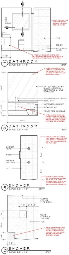 architectural drawings showing the various sections and details for an outdoor shower stall, including floor plans