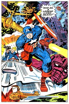 an old comic book cover with captain america flying through the air