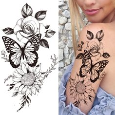 a woman's shoulder with flowers and butterflies tattoo on her left arm, next to a photo of the same sleeve