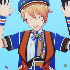 an anime character is holding his hands up in the air with both hands and smiling