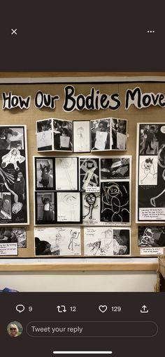 a bulletin board with pictures on it and the words how our bodies move written in cursive writing