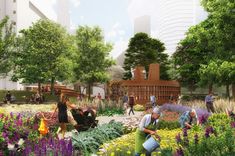 an artist's rendering of people working in a garden with flowers and trees around it