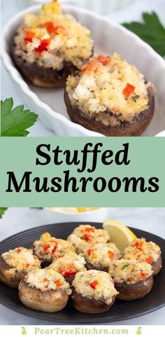 stuffed mushrooms on a plate with lemon wedges and parsley in the background text overlay reads stuffed mushrooms