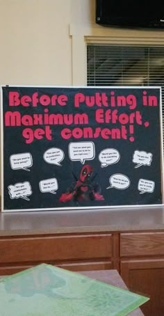 Deadpool consent RA bulletin board Consent Bulletin Board Ra, Resident Assistant Programs, Ra Door Tags, Dorm Themes, College Bulletin Boards, Bulletin Boards Theme, Resident Advisor