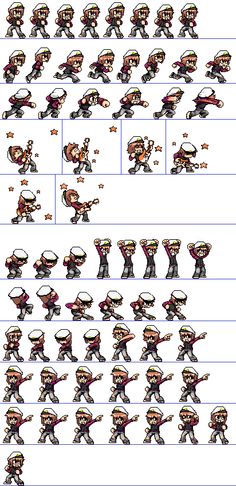 an animation character sheet with various poses and expressions for each character in the video game