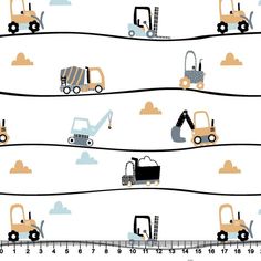 a ruler with construction vehicles on it and clouds in the sky, as well as lines