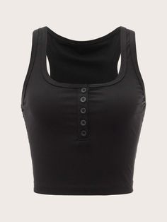 Black Casual Collar  Fabric Plain Tank Embellished Slight Stretch  Women Tops, Blouses & Tee Top School, Solid Tank Tops, Women Tank Tops, Grunge Punk, Really Cute Outfits, Teen Fashion Outfits, Black Tank Tops, Aesthetic Clothes