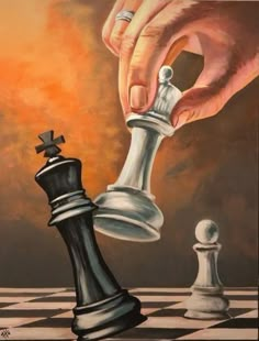 a painting of a person playing chess on a checkered board with the queen's pawn