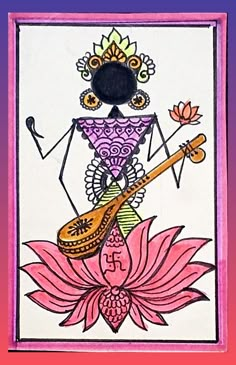 a drawing of a person with a guitar on top of a pink flower and purple background